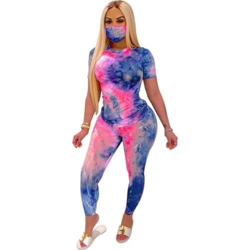 2 Pcs Women Casual Sets Female Tie-Dye Outfits Printed Short Sleeve O-Neck Top + Ankle-Length Pants Suits S-XL 4 Colors