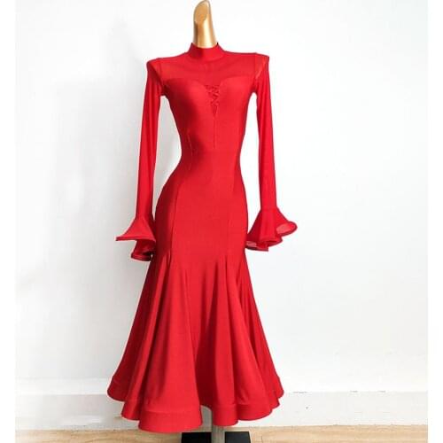 2020 New Lotus Long Sleeve Design Long Red Latin Dance Dress Women Dancing Performance Dress Ballroom Samba Tango DL640