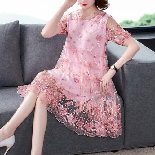2021 Summer Womens Clothes Embroidery Shorts Sleeve Mesh A Line Dress , Woman Female Sweet 3xl Loose Floral Dresses