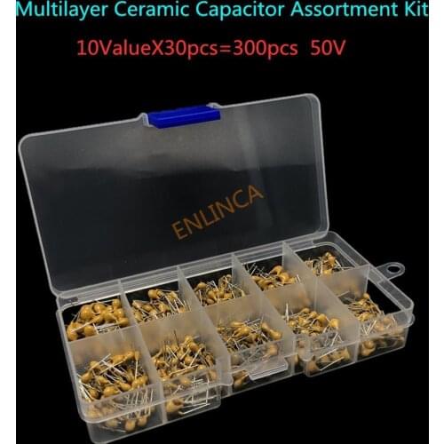 300pcs 10Value 50V 10pF 20pF 30pF 47pF 56pF 68pF 100pF 1nF 10nF 100nF Multilayer Ceramic Capacitor Assortment Kit