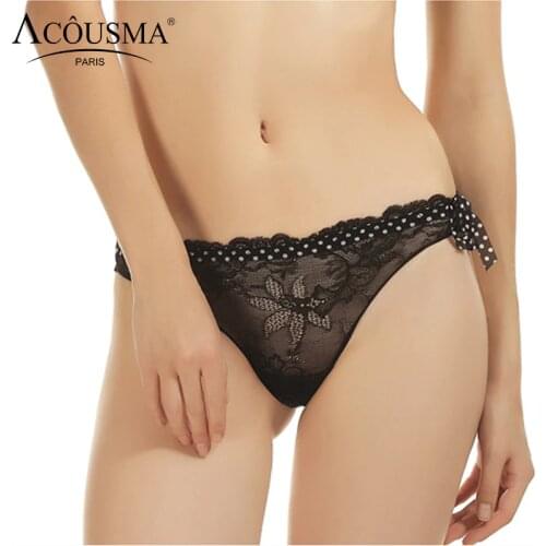 ACOUSMA Women G-String Floral Lace Panties Vintage Polka Dot Sexy Transparent T Back Thongs Seamless Female Underwear Black Red