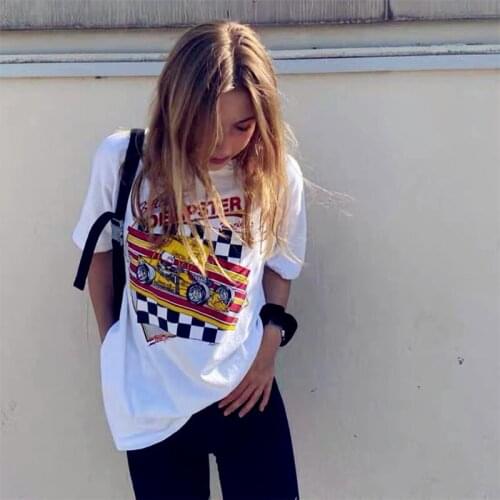 American Vintage Formula 1 Car Printed Shirts White Cotton Short Sleeve Tops Plus Size Ins Fashion Tees Round Neck Casual Tshirt