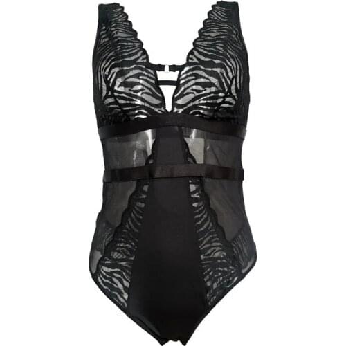 Plus Size Womens Black Lace Thin V-neck Leopard Texture Sexy Hollow Out Bodysuit,Female Underwear Lingeries Gift SLA075