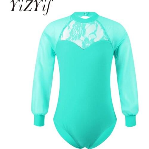 Kids Girl Long Sleeve Lace Embroidered Flower Ballet Gymnastics Leotard Child Ballerina Bodysuits Competition Dance Costume