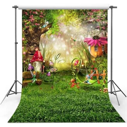 Spring Flower Scenery Photography Backdrop Fairy Tale Forest Green Grass Mushrooms Elves Newborn Birthday Party Photo Background
