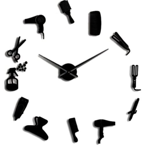 Diy Barber Shop Giant Wall Clock with Mirror Effect Barber Toolkits Decorative Frameless Clock Watch Hairdresser Barber Wall Art