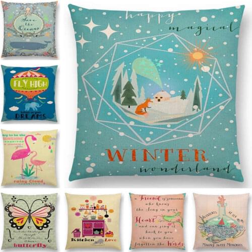 Hot Sale Cute Cartoon Animals Decorative Letters Flowers Bird Whale Cat Fox Flamingo Love Happy Life Cushion Cover Pillow Case