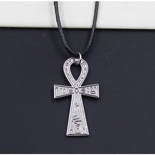 New Durable Black Faux Leather Egyptian Ankh Life Cross Pendant Cord Choker DIY Necklace Retro Boho Tibetan Silver Color