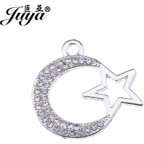 JUYA Golden Moon and Star Rhinestone Charms Pendants 20x21mm High Quality Islam Muslim Jewelry Making Findings Suppliers AO0441
