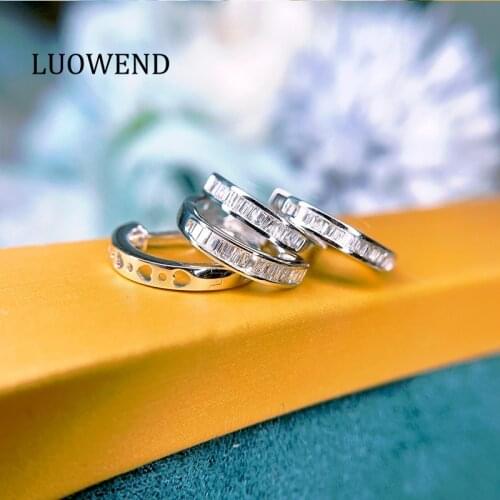 LUOWEND Real 18K White Gold Earrings Women Engagement Hoop Earrings Natural Diamond Earring Classic Round Design