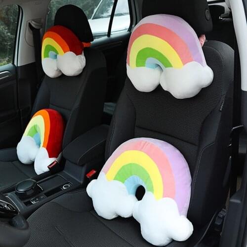 JINSERTA Cute Car Pillow Neck Pillow Cartoon Rainbow Headrest Plush Car Seat Cushion Kids Headrest Car Home Decorations Gifts