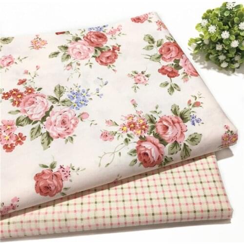 Pretty Pink Blooming Rose Flower & Pink Green Check Printed Pure Trill Floral Cotton Fabric For DIY Sewing Cloth Bedding Quiltin