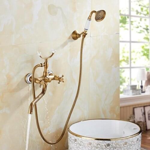 Shower Faucets Antique Brass Bathroom Faucet Rainfall Shower Head Round Handheld Wall Mounted Bath Tub Mixer Tap Set MO741
