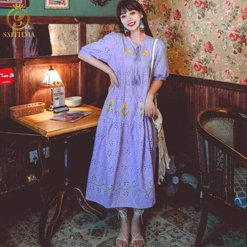 SMTHMA Embroidery Flowers Summer Dress For Women V Neck Short Sleeve Loose Mid-Length Dresses Females 2021 New Clothes