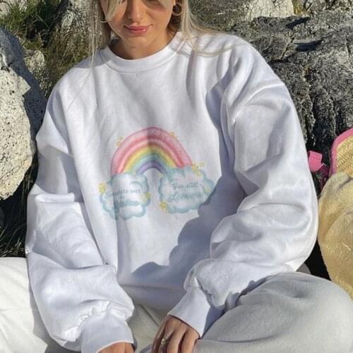 Print Loose Sweatshirt Rainbow Fashion Casual O Neck Vintage Pullover Autumn Long Sleeve Oversize 2021 White Women Sweatshirt