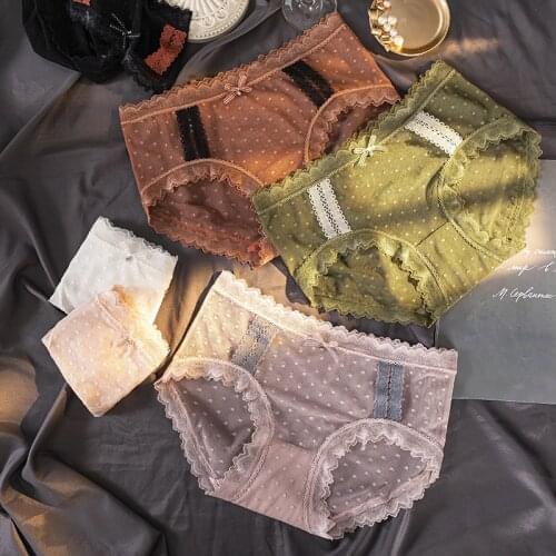 Retro Women Panties Breathable Wave Point Sexy Lace Underwear Mid-Waist Cotton Underpant Net Yarn Bow-Knot Girls Lingerie Briefs
