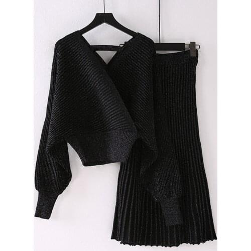 BoozRey Korean Version of The Black V-neck Blouse Mid-length Skirt Two-piece Sweater Womens Loose Knitted Bag Hip Suit Skirt
