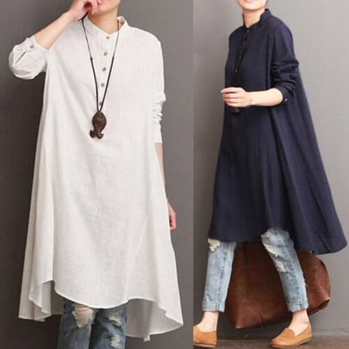 Womens Casual Sundress 2021 ZANZEA Oversized Shirt Dress Vintage Linen Dress Kaftan Female Long Sleeve Top Button Vestido Robe