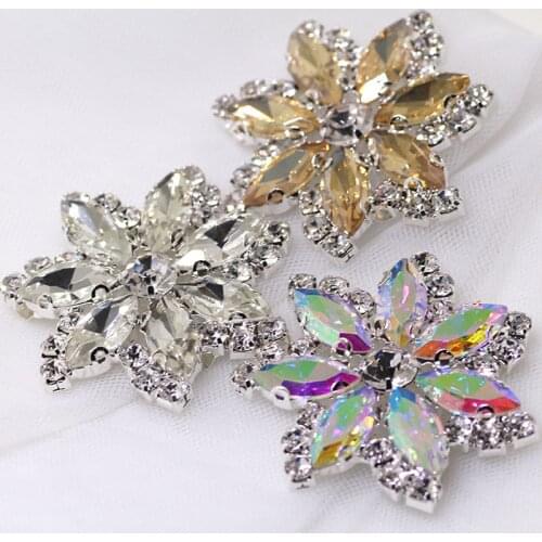 1pcs 45mm crystal ab rhinestone applique silver base flatback with holes Sew on rhinestone flower shape diy party dress