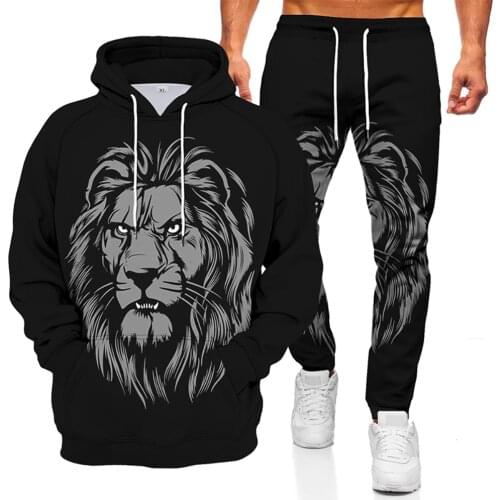 2021 autumn and winter mens printed tiger lion casual sportswear suit hooded sweater trousers two-piece suit