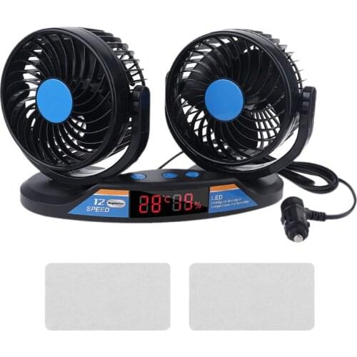 Dual Head 12V Car Fan 12 Speeds 360 Rotatable with Temperature Humidity Display LX9B