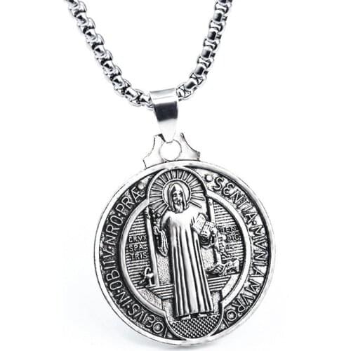Silver Color Jesus Scripture Chain Necklace Round Pendant For Men Male Stainless Steel Jewelry Womans Accesories Wholesale 2021
