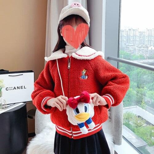 Disney Donald Duck Lamb Wool Girls Jacket Cartoon Daisy Outer Clothing Childrens Thickened Warm Kids Christmas Dress 3-8Y