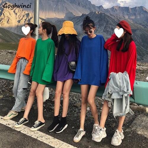Long Sleeve T-shirts Women Spring Solid Long-style Loose Ins Oversize Casual Fashion Female T-shirt Simple All-match Korean New