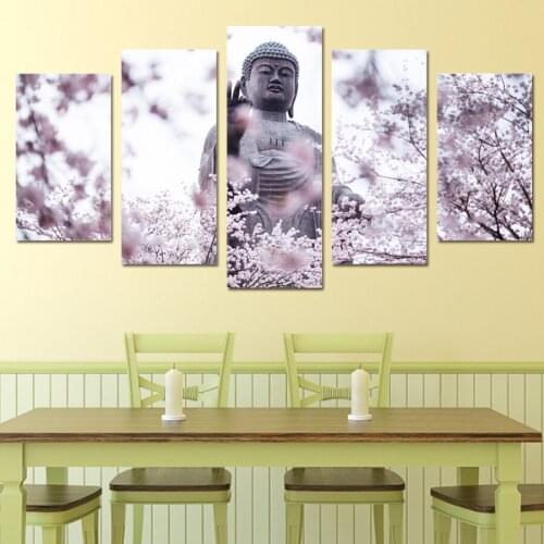 Painting Wall Art Pictures Canvas Poster Frame 5 Panel Buddha Statue Cherry Blossoms Flower Landscape Home Decor HD Print