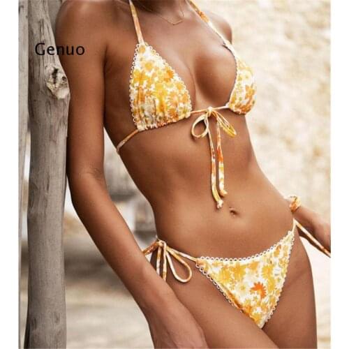 Low Waist Bikini Sets 2021 Triangle Swimwear Female Floral Lace Swimsuit Women Print 2 Piece Suit Push Up Bathing Suit Swimsuits