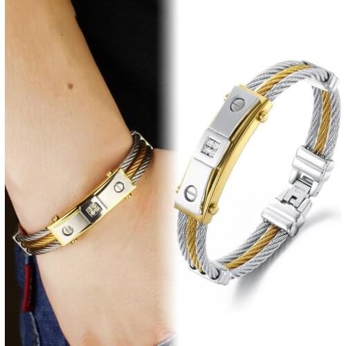 19.5Cm Europe And America Fashion Bracelets For Man Stainless Steel Between Golden Creative Three Layer Cable Set Zircon Jewelry