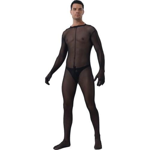 Men Skinny Bodystockings Jumpsuit Transparent Sheer Mesh Bodysuit Zipper Crotch Bodysuit Catsuit Exotic Nightclub Sexy Costumes