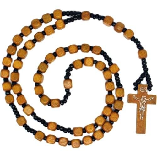 NEW Cube Wood Rosary Beads INRI Jesus Cross Pendant Necklaces Catholic Christian Fashion Religious Jewelry
