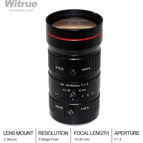 8MP 4K Industrial Camera Lens C Mount 10-40mm Manual Iris Aperture F1.4 Security CCTV Accessory Aluminium Alloy Camera Lens