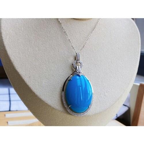 JHY Solid 18K Gold Oval Nature 31mm Blue Turquoise Gemstones Pendants Necklaces for Women Fine Jewelry for Women Gifts