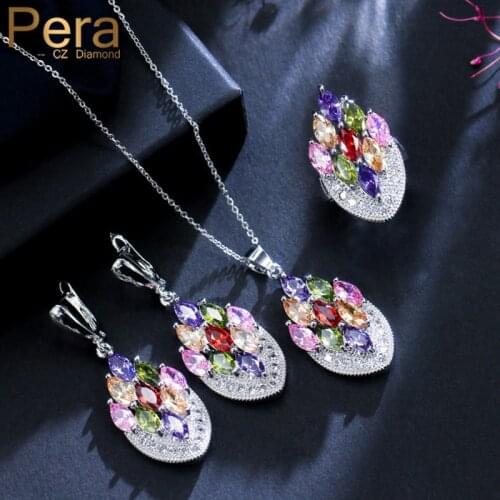 Pera Fashion 3 Pcs Big Flower Multi Color Elegant Women Prom Costume Party Cubic Zirconia Necklace Earrings Jewelry Sets JS210