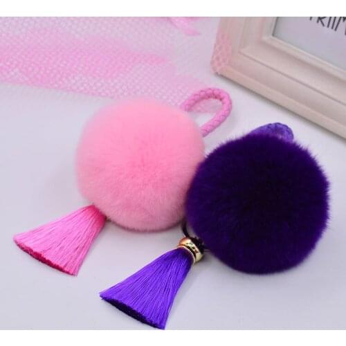 Fluffy Rabbit Fur Pompom Keychain Leather Strap Tassels Women Bag Charm Real Natural Fur Balls Genuine Fur Pom Poms Key Chain