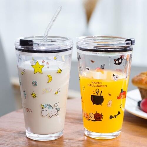 450Ml Breakfast Glass Milk Glass with Scale, Cover and Straw Cup Creative Water Cup Set Mugs Coffee Cups Glass Drinkware