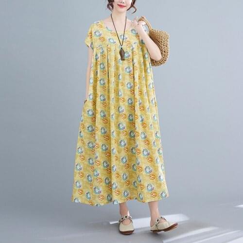 Loose Casual Long Maxic Holiday Outerwear Beach 2021 New Short Sleeve O-Neck Dress Plus Size Cotton Dresses Vestidos