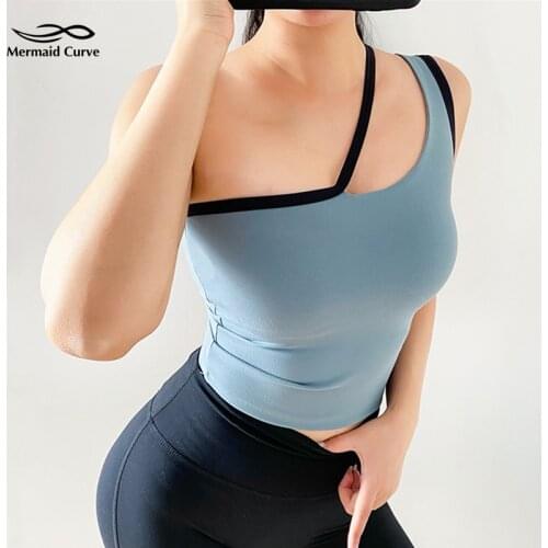 Mermaid Curve New Irregular Patchwork Single Shoulder Strap Women Yoga Tank Tops Gym Elastic Running Fitness Vest With Chest Pad