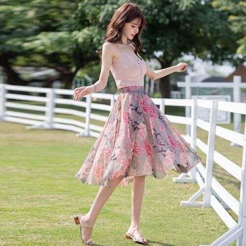 TingYiLi Elastic High Waist Women Summer Floral Skirt Holiday Beach Boho Midi Skirt Korean Style Ladies Chiffon A-line Skirt