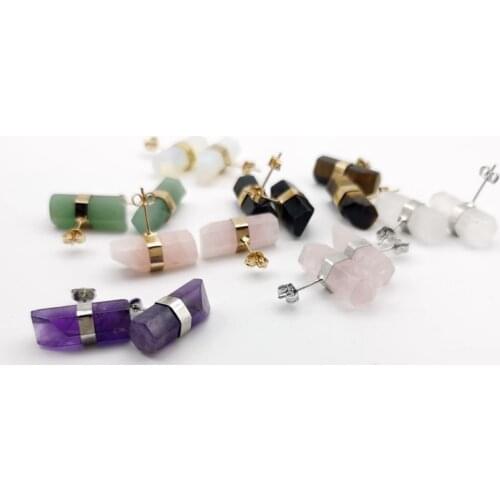 Wholesale Natural Stone Stud Earrings Geometric Crystal Pillar Pink Quartz Earring for Women Healing Fashion Ear Jewellery Gifts