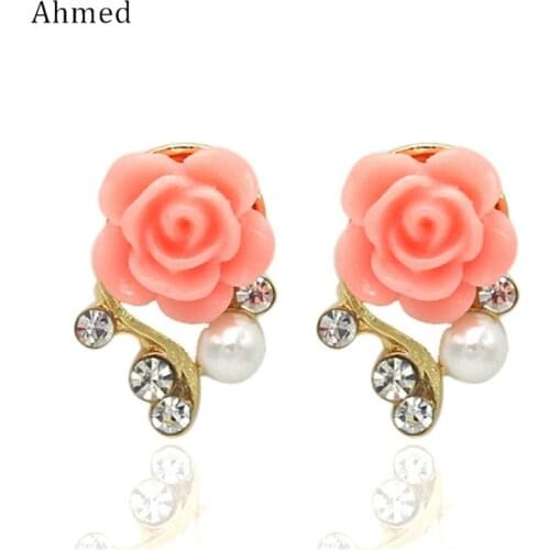 Ahmed Jewelry New Brand Design Alloy Rose Pearl Stud Earrings For Women 2018 New Accessories Wholesale