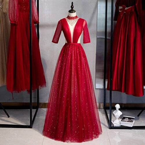 Bespoke Occasion Dresses Illusion High Half Beading Pleat Sequined Tulle Lace Luxury Red Vintage Lady Formal Evening Gown HB185