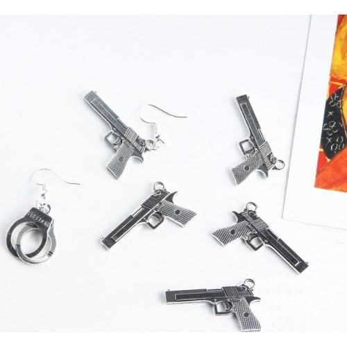 10pcs Handcuff Pistol Alloy Charms Pendants Ancient Silver Metal Charms Floating Fit Jewelry Earrings Bracelet DIY Accessories