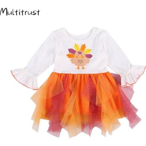 2020 Toddler Baby Girl Thanksgiving Outfit Flare Long Sleeve Turkey Stitching Tulle Tutu Dress Prinecss Thanksgiving Clothes