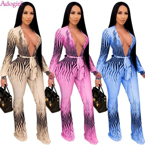Adogirl 2021 Sexy Deep V Neck Print Jumpsuit With Belt Women Long Sleeve Skinny High Waist Romper Club Autumn Outdoor One Piece