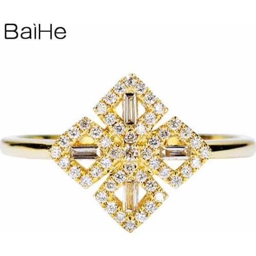BAIHE Solid 14K Yellow Gold 0.21CT H/SI Round Square Natural Diamonds Wedding Women Fine Jewelry Leisure Beautiful diamond Ring