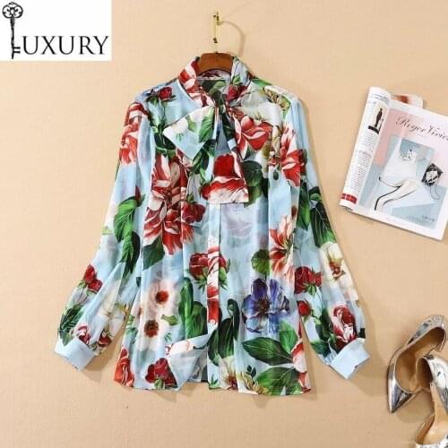 Blouse New 2020 Arrival Autumn High Quality Designer Women Bow Collar Elegant Floral Print Long Sleeve Silk Shirts Ladies