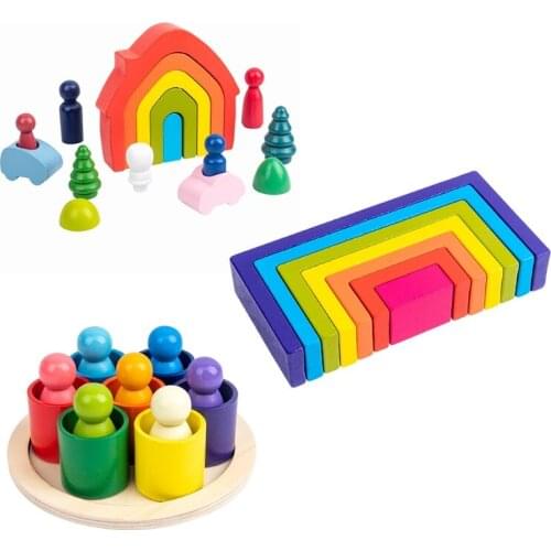 Baby Children Wooden Rainbow House Stacking Game Building Block Kids Toys Gifts
